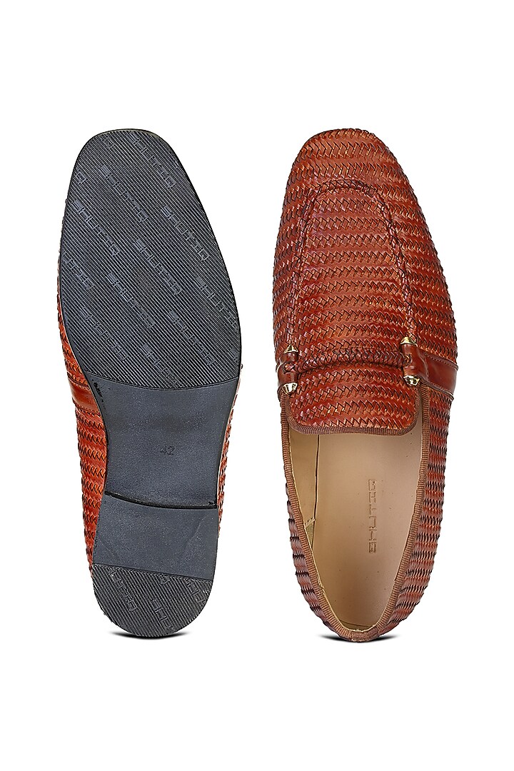 Tan Leather Embellished Slip On Shoes by SHUTIQ at Pernia's Pop Up Shop