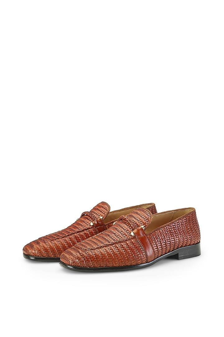 Tan Leather Embellished Slip On Shoes by SHUTIQ at Pernia's Pop Up Shop