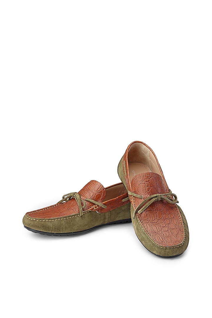 Tan & Olive Green Croco Leather Loafers by SHUTIQ at Pernia's Pop Up Shop