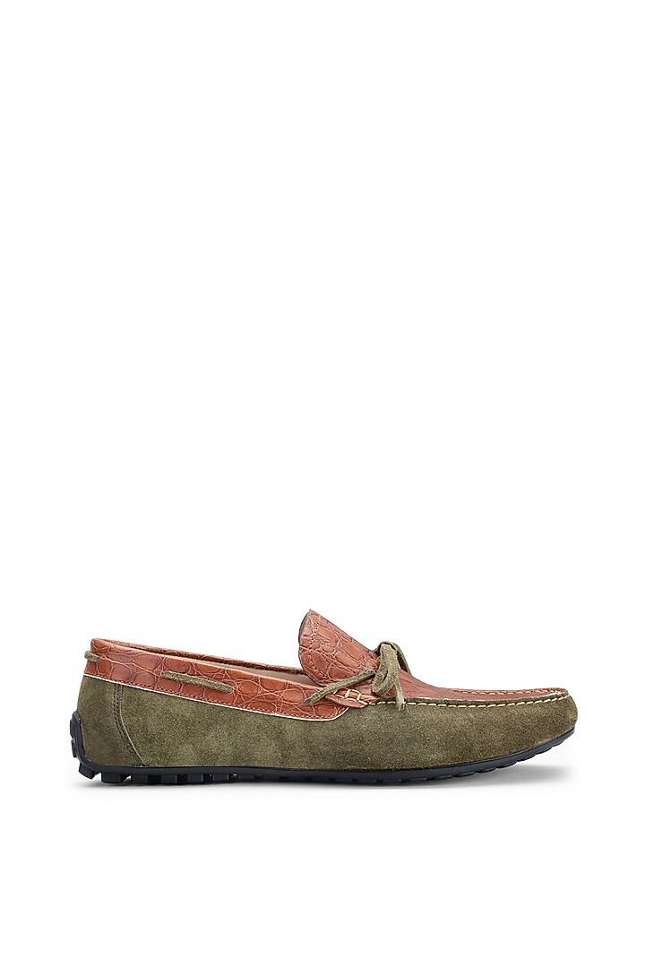 Tan & Olive Green Croco Leather Loafers by SHUTIQ at Pernia's Pop Up Shop