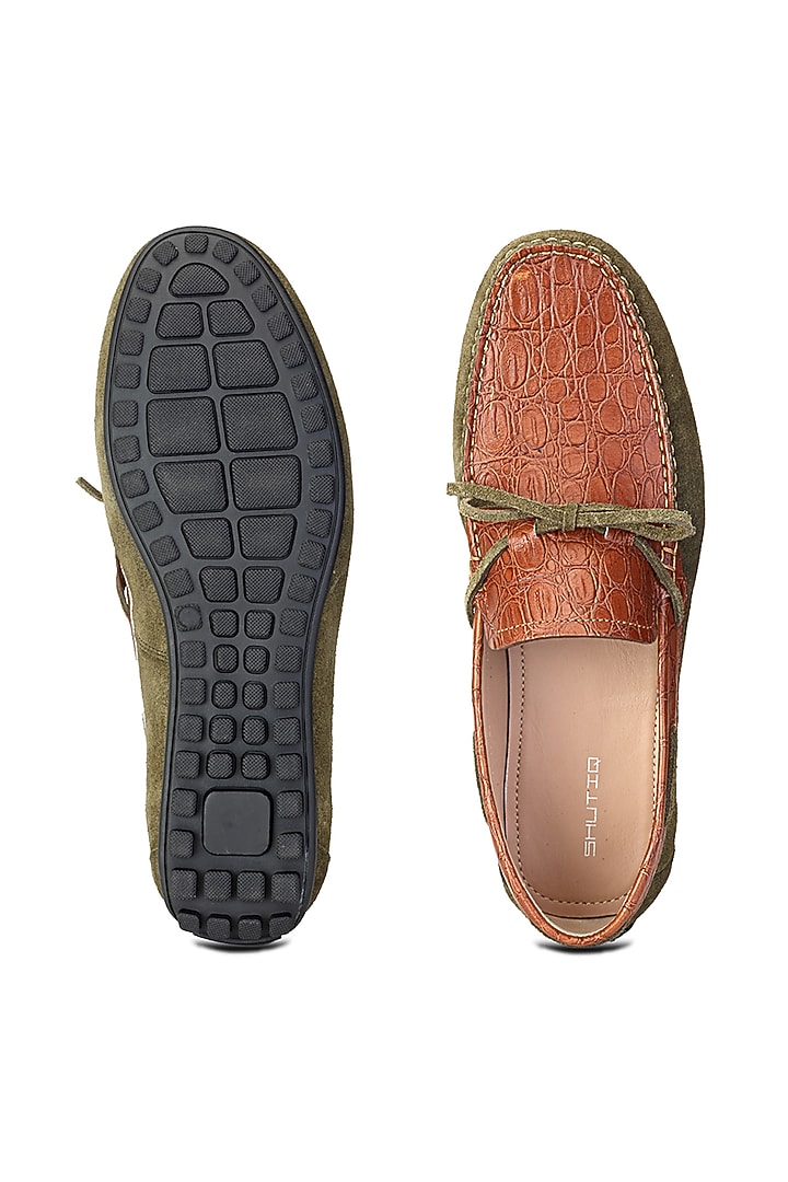 Tan & Olive Green Croco Leather Loafers by SHUTIQ at Pernia's Pop Up Shop
