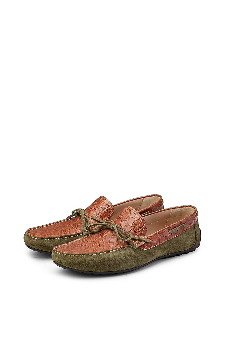 Tan & Olive Green Croco Leather Loafers by SHUTIQ at Pernia's Pop Up Shop