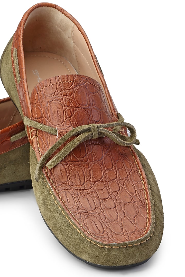 Tan & Olive Green Croco Leather Loafers by SHUTIQ at Pernia's Pop Up Shop