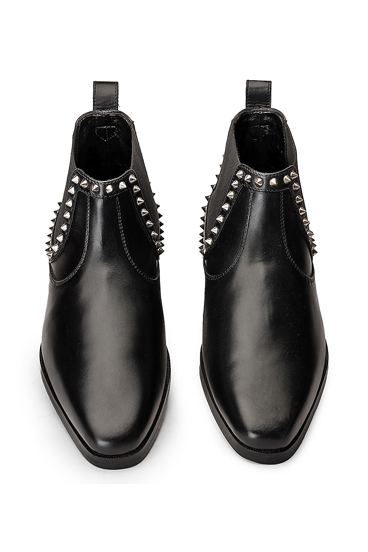 Black Leather Embellished Boots by SHUTIQ