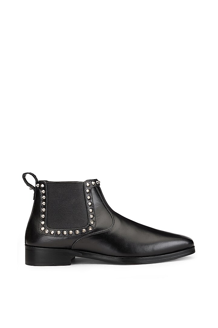 Black Leather Embellished Boots by SHUTIQ at Pernia's Pop Up Shop