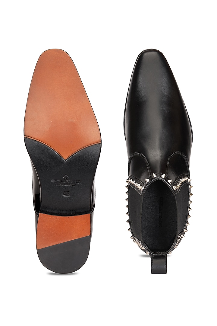 Black Leather Embellished Boots by SHUTIQ at Pernia's Pop Up Shop