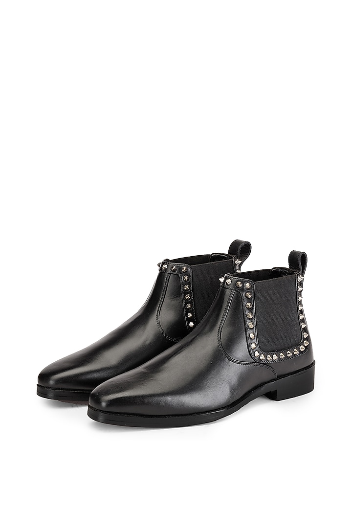 Black Leather Embellished Boots by SHUTIQ at Pernia's Pop Up Shop