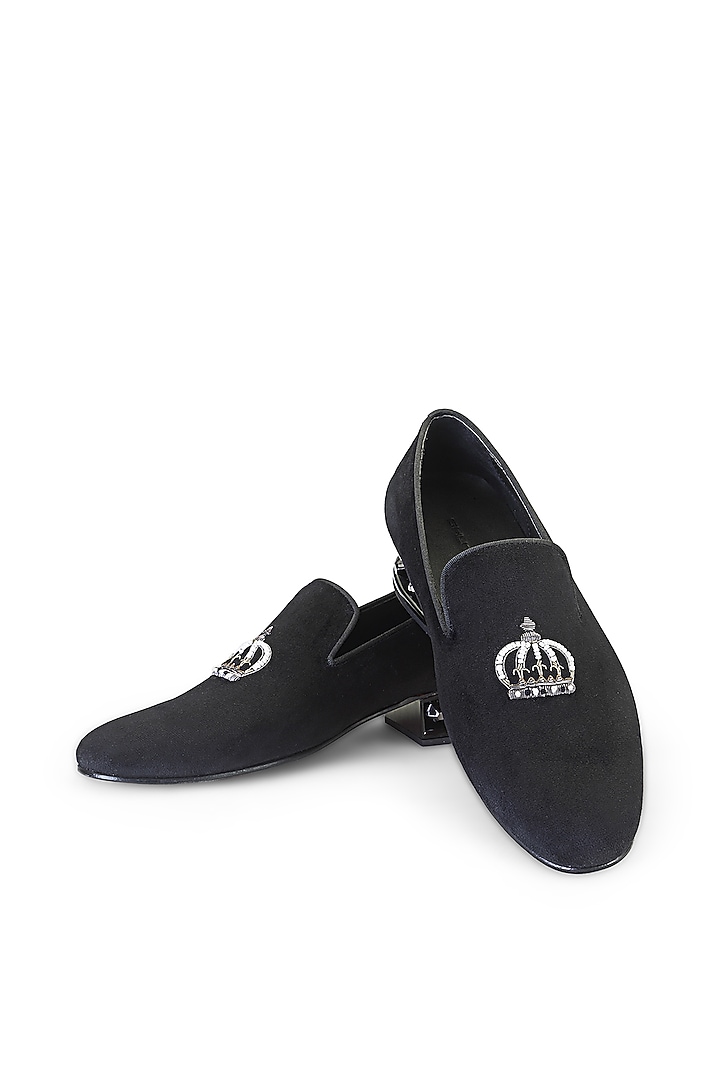 Black Velvet Hand Embroidered Slip-On Shoes by SHUTIQ at Pernia's Pop Up Shop