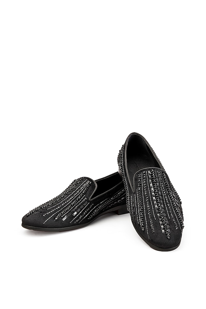 Black Velvet Hand Embroidered Slip-On Shoes by SHUTIQ at Pernia's Pop Up Shop