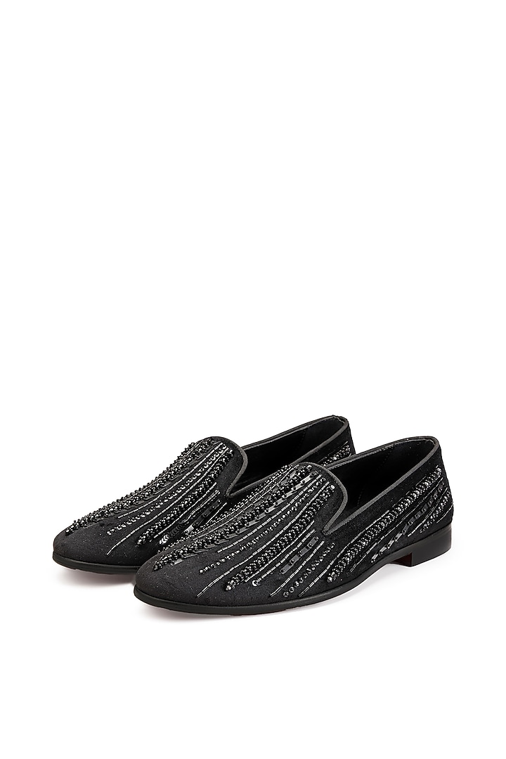Black Velvet Hand Embroidered Slip-On Shoes by SHUTIQ at Pernia's Pop Up Shop