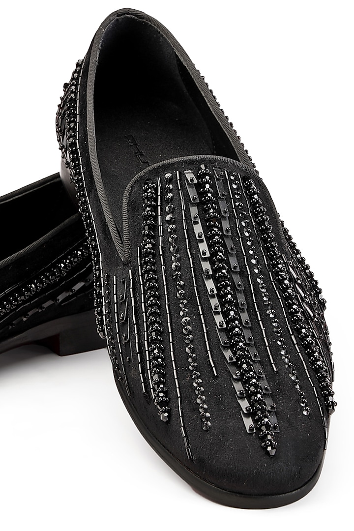 Black Velvet Hand Embroidered Slip-On Shoes by SHUTIQ at Pernia's Pop Up Shop
