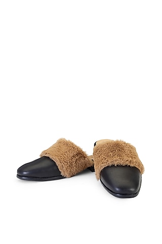 Black Leather Fur Embellished Mules by SHUTIQ