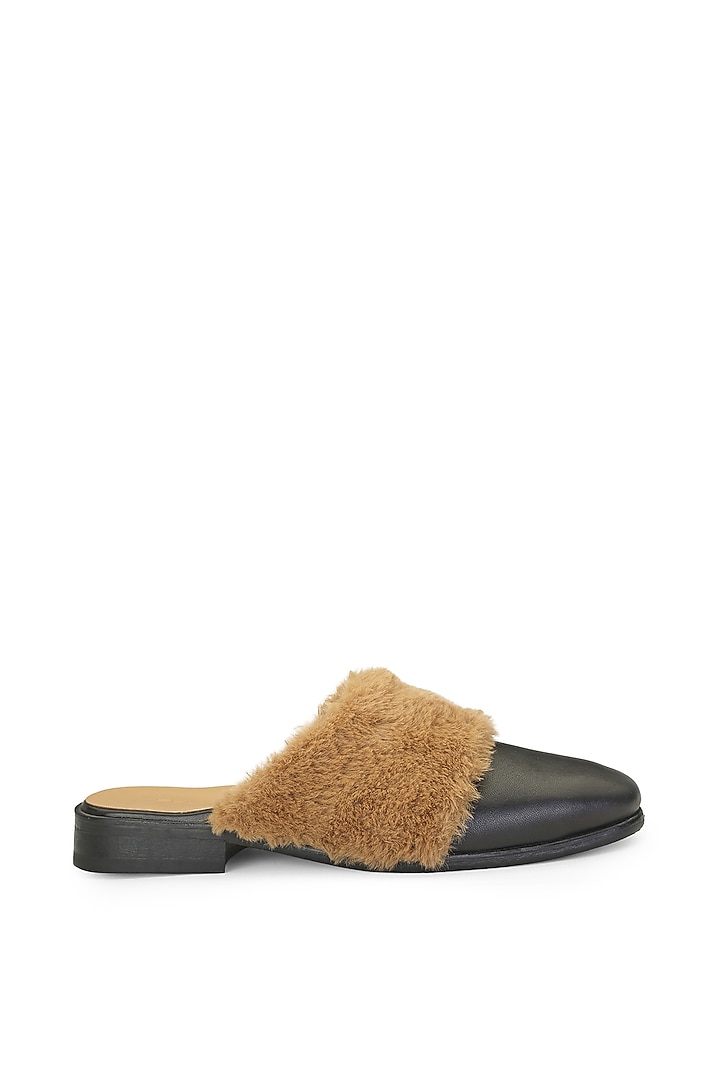 Black Leather Fur Embellished Mules by SHUTIQ at Pernia's Pop Up Shop