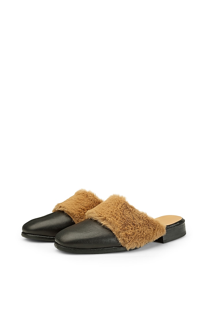 Black Leather Fur Embellished Mules by SHUTIQ at Pernia's Pop Up Shop