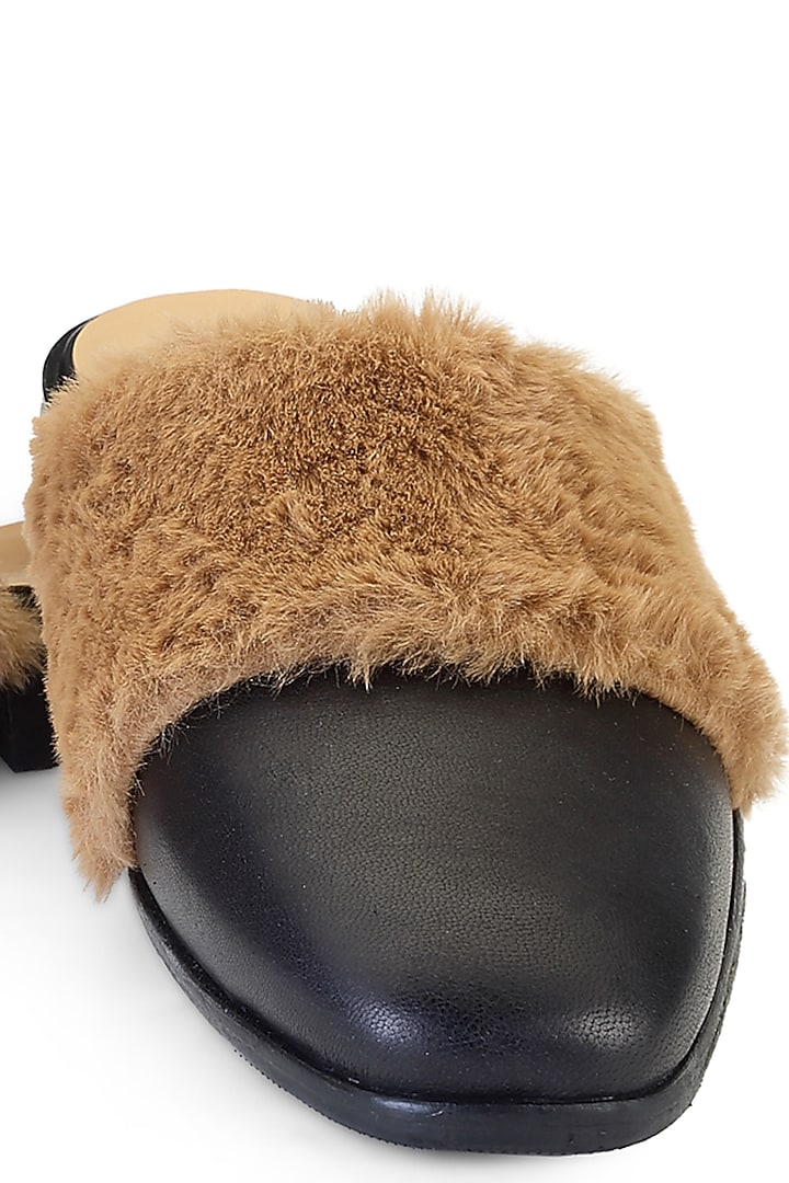 Black Leather Fur Embellished Mules by SHUTIQ at Pernia's Pop Up Shop