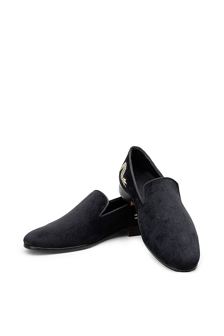 Black Velvet Hand Embroidered Slip-On Shoes by SHUTIQ at Pernia's Pop Up Shop