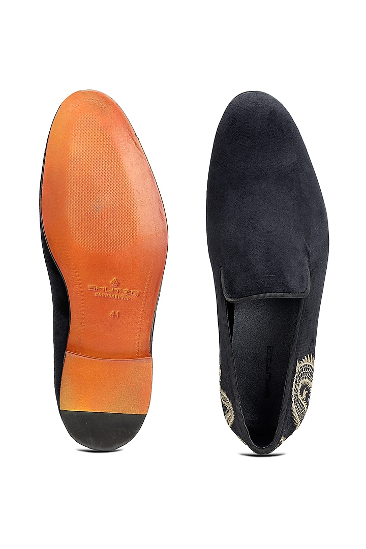 Black Velvet Hand Embroidered Slip-On Shoes by SHUTIQ at Pernia's Pop Up Shop