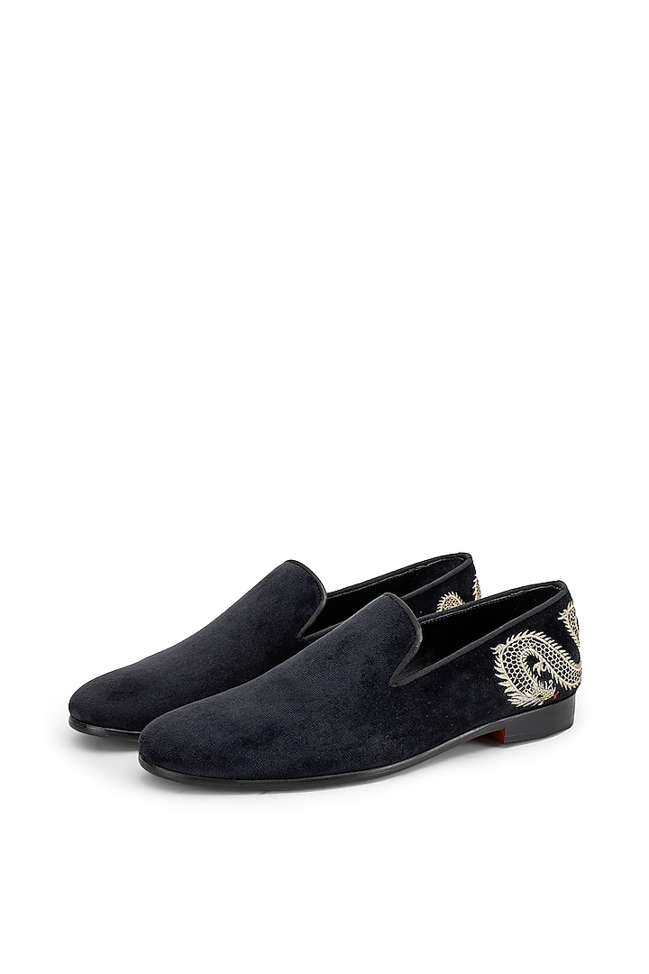 Black Velvet Hand Embroidered Slip-On Shoes by SHUTIQ at Pernia's Pop Up Shop