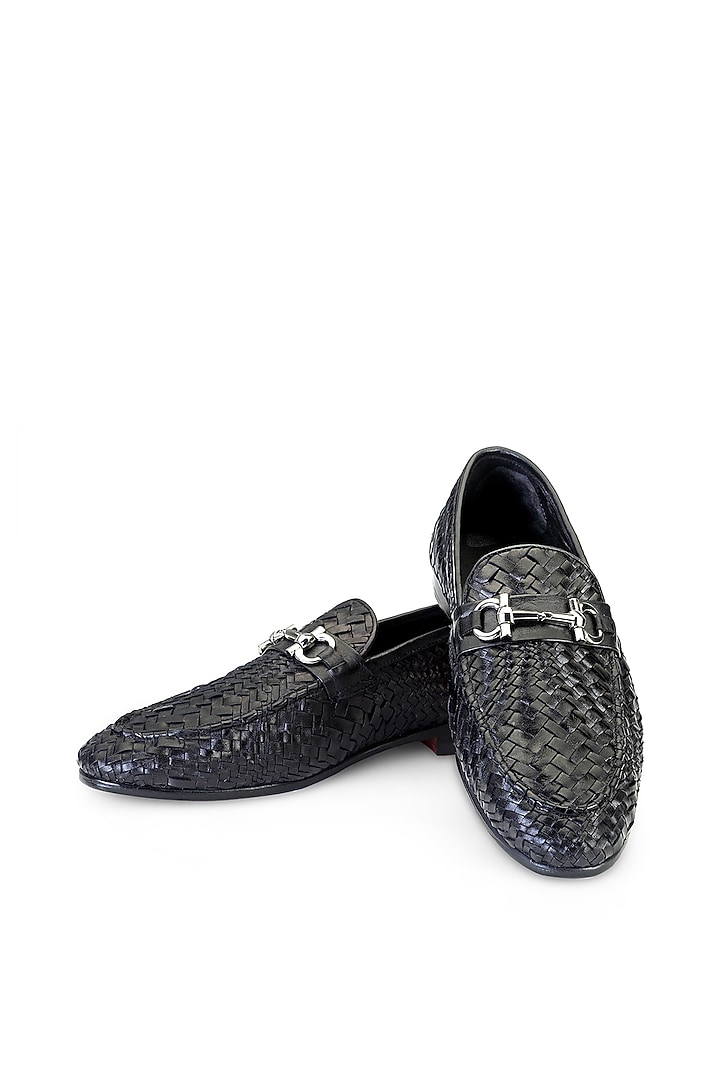 Black Woven Leather Slip-On Shoes by SHUTIQ at Pernia's Pop Up Shop