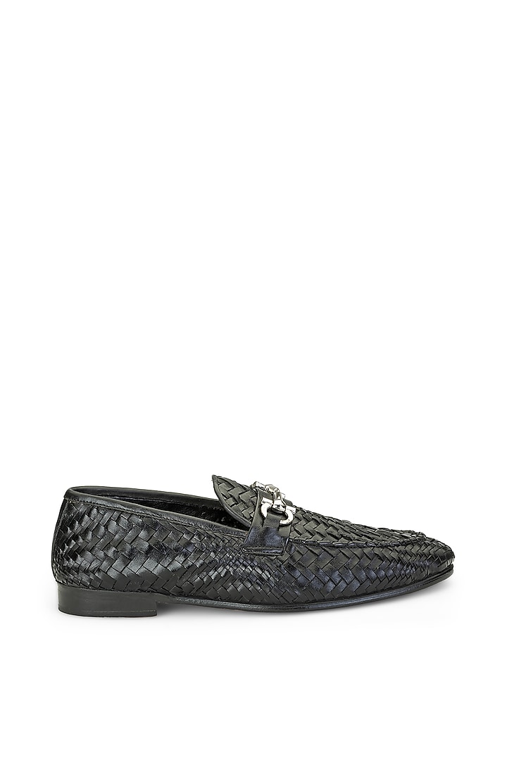 Black Woven Leather Slip-On Shoes by SHUTIQ at Pernia's Pop Up Shop