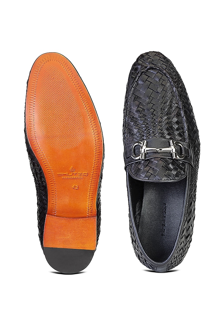 Black Woven Leather Slip-On Shoes by SHUTIQ at Pernia's Pop Up Shop