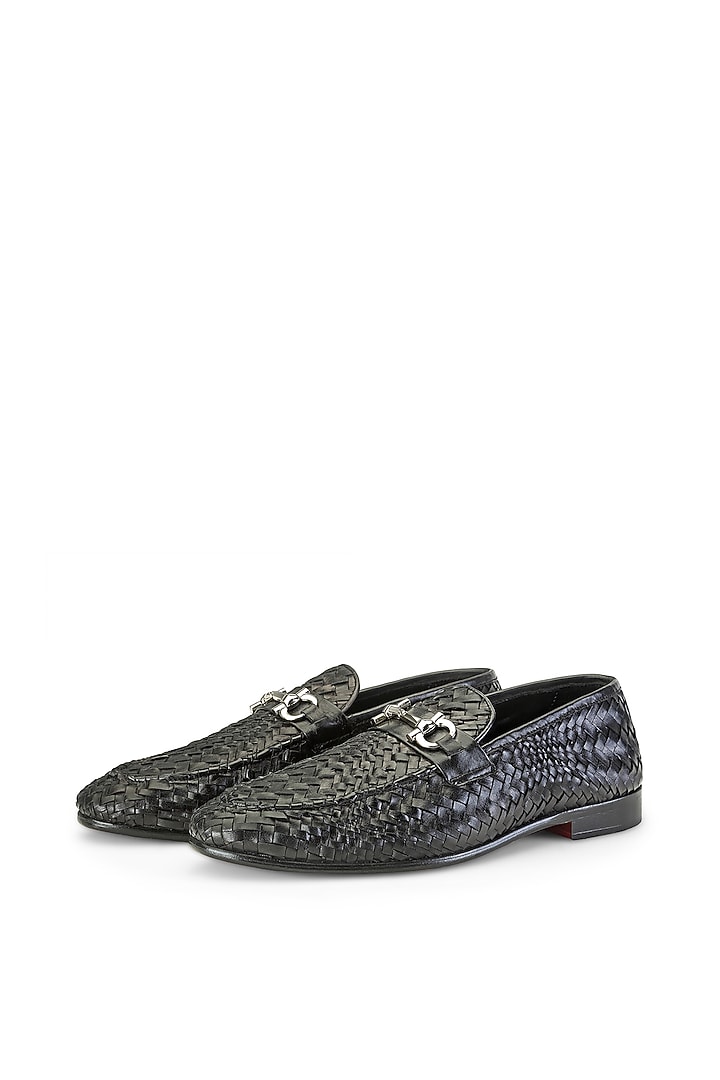 Black Woven Leather Slip-On Shoes by SHUTIQ at Pernia's Pop Up Shop