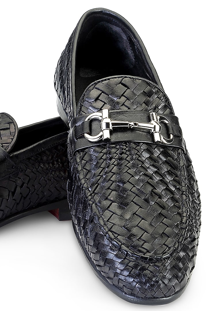 Black Woven Leather Slip-On Shoes by SHUTIQ at Pernia's Pop Up Shop