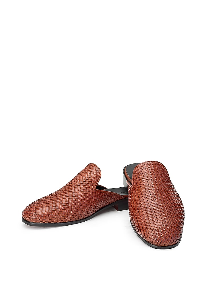 Brown Handwoven Leather T-Shaped Mules by SHUTIQ at Pernia's Pop Up Shop