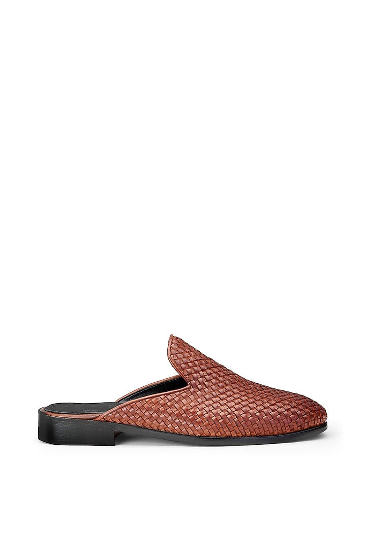Brown Handwoven Leather T-Shaped Mules by SHUTIQ at Pernia's Pop Up Shop