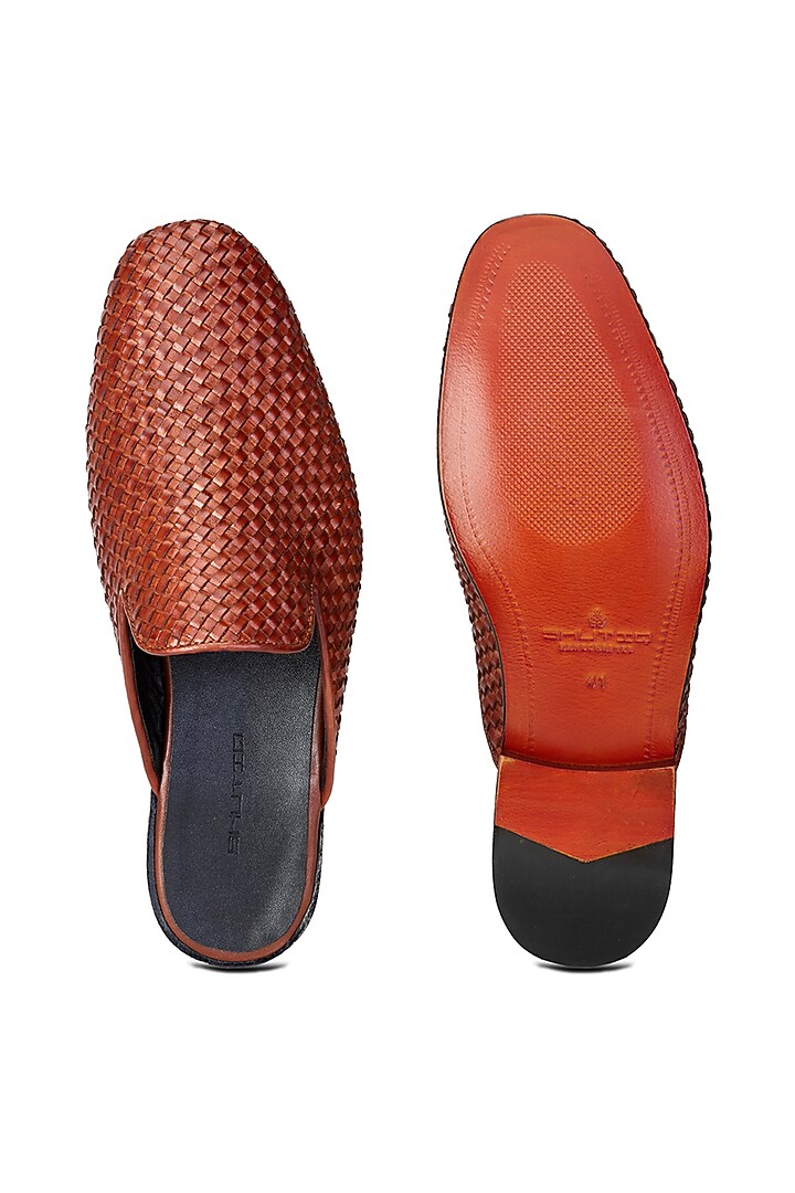 Brown Handwoven Leather T-Shaped Mules by SHUTIQ at Pernia's Pop Up Shop