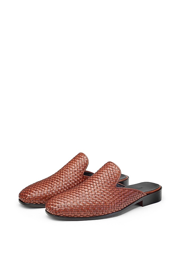 Brown Handwoven Leather T-Shaped Mules by SHUTIQ at Pernia's Pop Up Shop