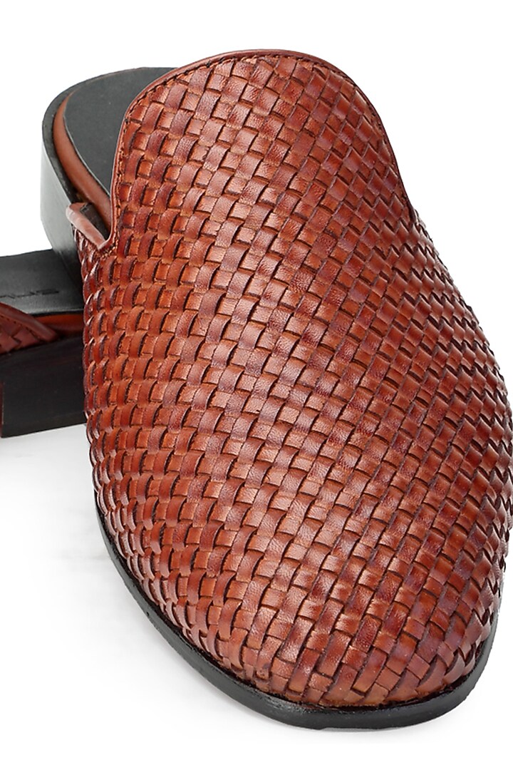 Brown Handwoven Leather T-Shaped Mules by SHUTIQ at Pernia's Pop Up Shop