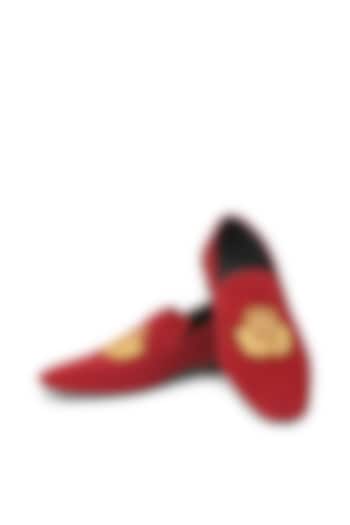 Red Suede Leather Embroidered Slip-On Shoes by SHUTIQ at Pernia's Pop Up Shop