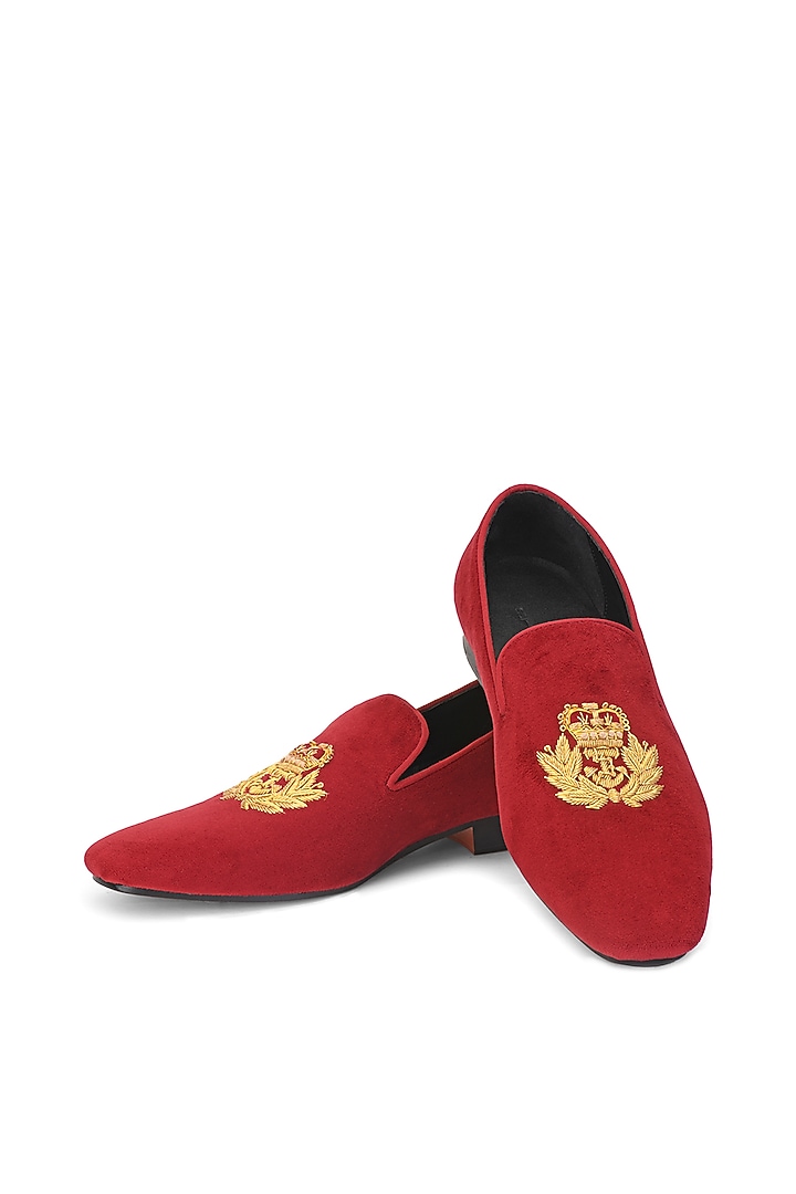Red Suede Leather Embroidered Slip-On Shoes by SHUTIQ at Pernia's Pop Up Shop