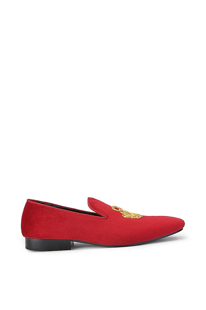 Red Suede Leather Embroidered Slip-On Shoes by SHUTIQ at Pernia's Pop Up Shop