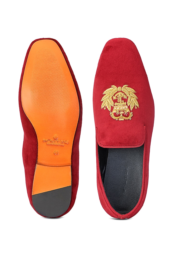 Red Suede Leather Embroidered Slip-On Shoes by SHUTIQ at Pernia's Pop Up Shop