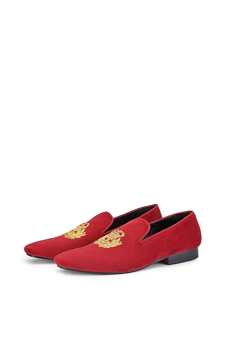 Red Suede Leather Embroidered Slip-On Shoes by SHUTIQ at Pernia's Pop Up Shop