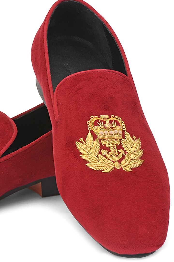 Red Suede Leather Embroidered Slip-On Shoes by SHUTIQ at Pernia's Pop Up Shop