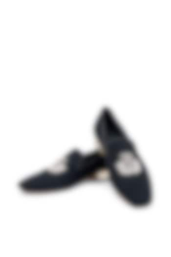 Black Suede Leather Embroidered Slip-On Shoes by SHUTIQ