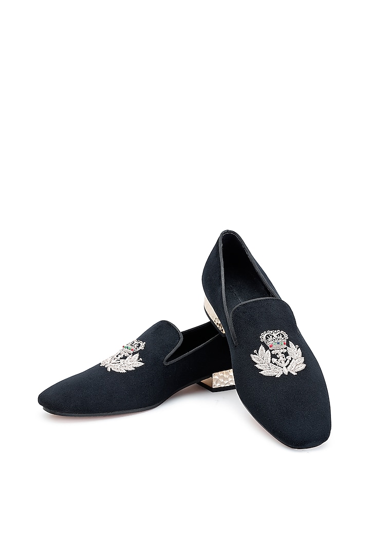 Black Suede Leather Embroidered Slip-On Shoes by SHUTIQ