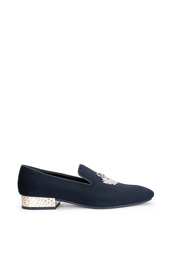 Black Suede Leather Embroidered Slip-On Shoes by SHUTIQ at Pernia's Pop Up Shop