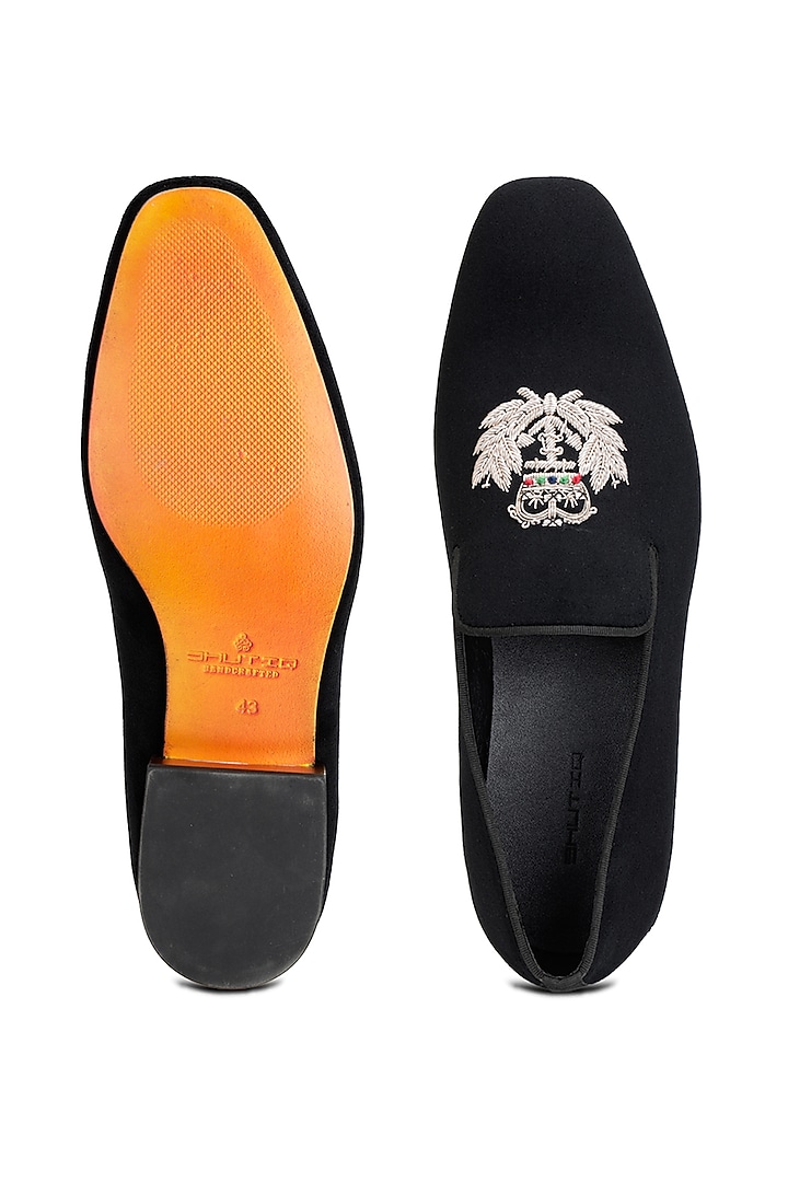 Black Suede Leather Embroidered Slip-On Shoes by SHUTIQ at Pernia's Pop Up Shop