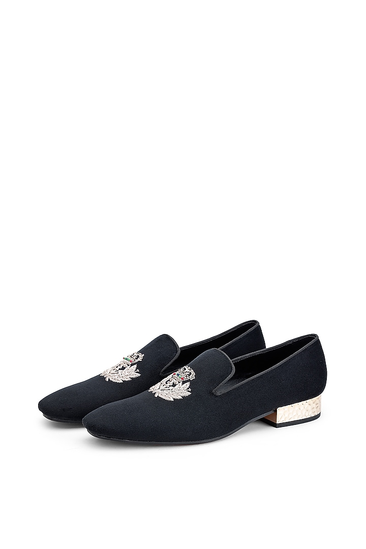 Black Suede Leather Embroidered Slip-On Shoes by SHUTIQ at Pernia's Pop Up Shop