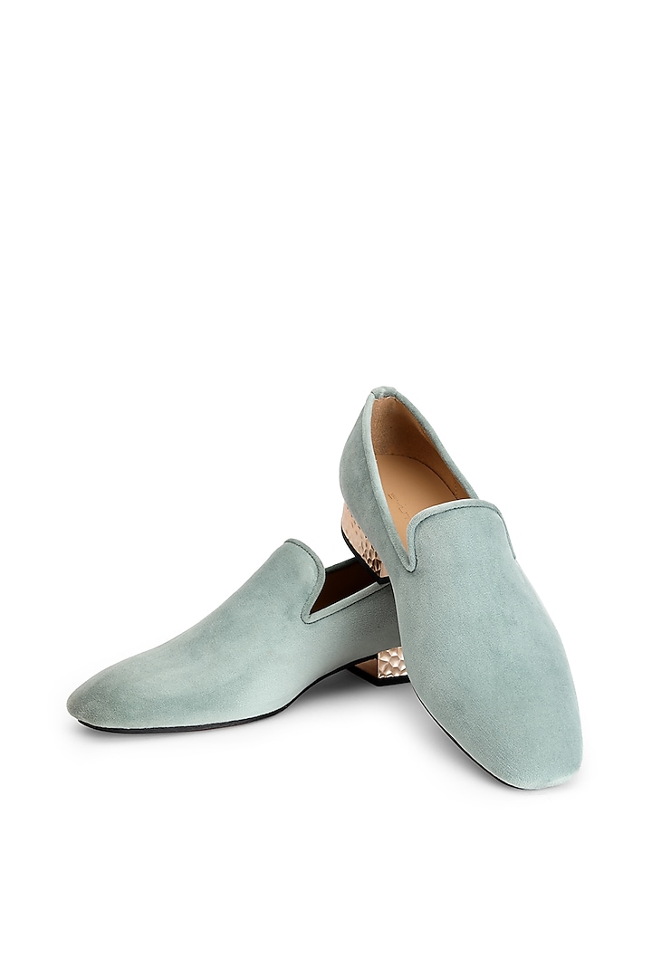 Greenish-Blue Suede Leather Slip-On Shoes by SHUTIQ at Pernia's Pop Up Shop