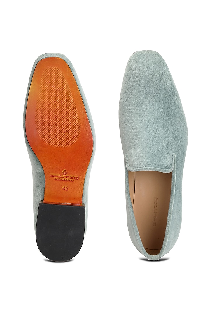 Greenish-Blue Suede Leather Slip-On Shoes by SHUTIQ at Pernia's Pop Up Shop