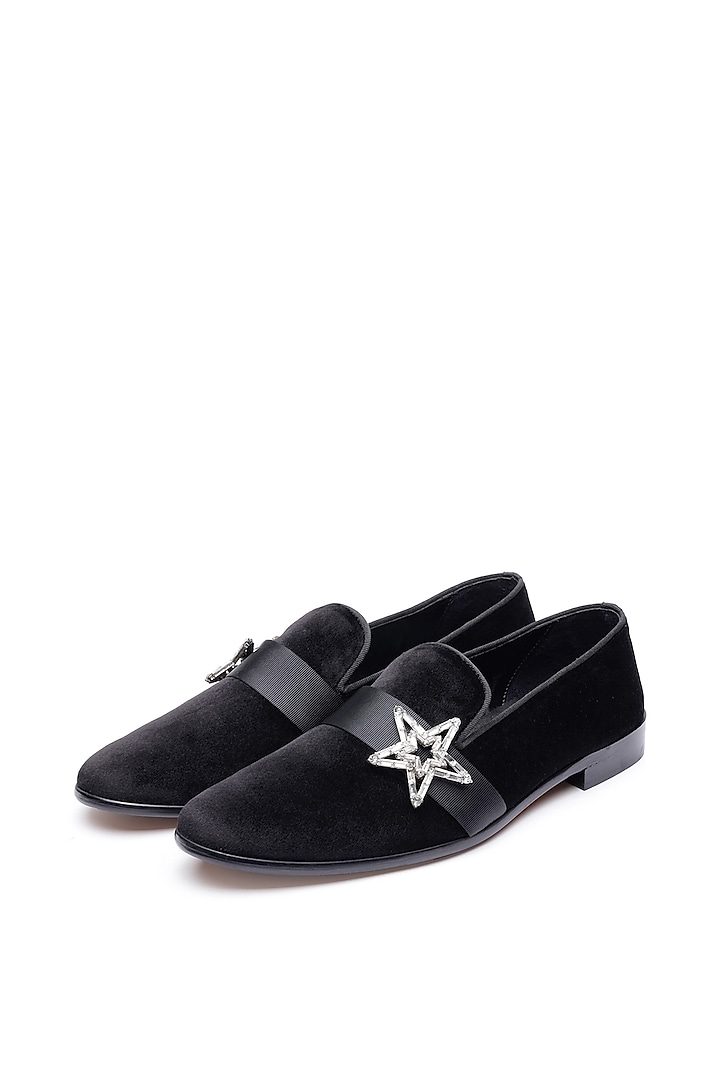 Black Velvet Embroidered Slip-Ons Shoes by SHUTIQ