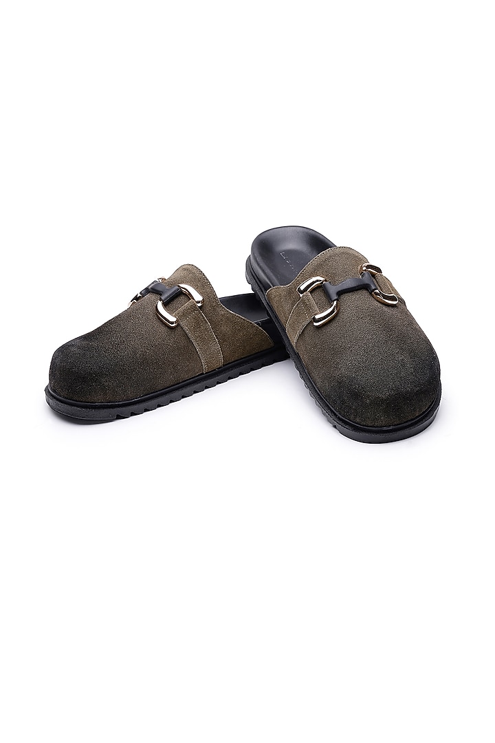 Olive Suede Mules by SHUTIQ at Pernia's Pop Up Shop