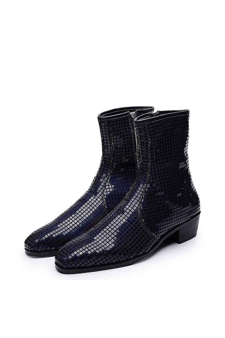 Navy Blue Fabric Boots by SHUTIQ