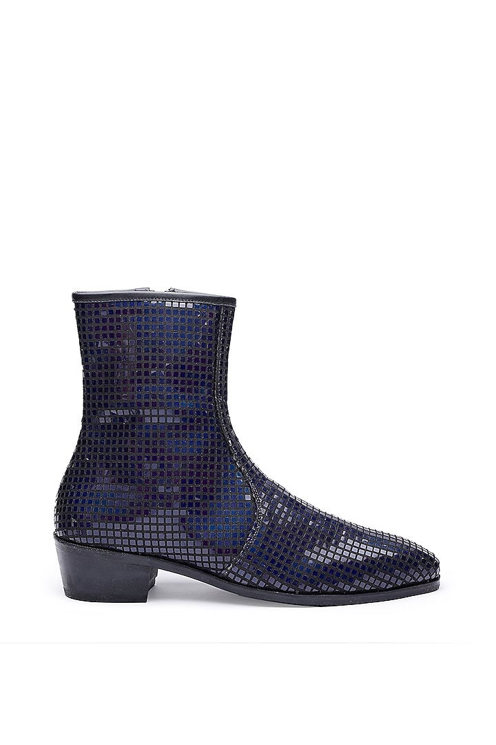 Navy Blue Fabric Boots by SHUTIQ at Pernia's Pop Up Shop