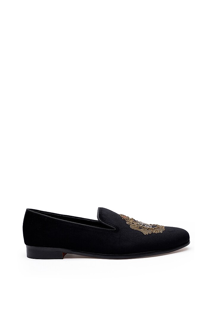 Black Velvet Hand Embroidered Slip-Ons Shoes by SHUTIQ at Pernia's Pop Up Shop